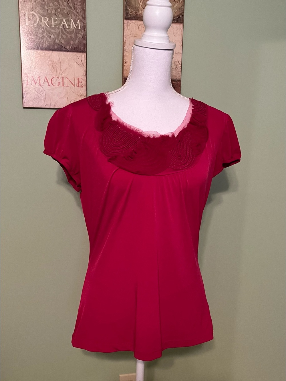 Worthington Cranberry Colored Top with Embellished Neckline - Size M